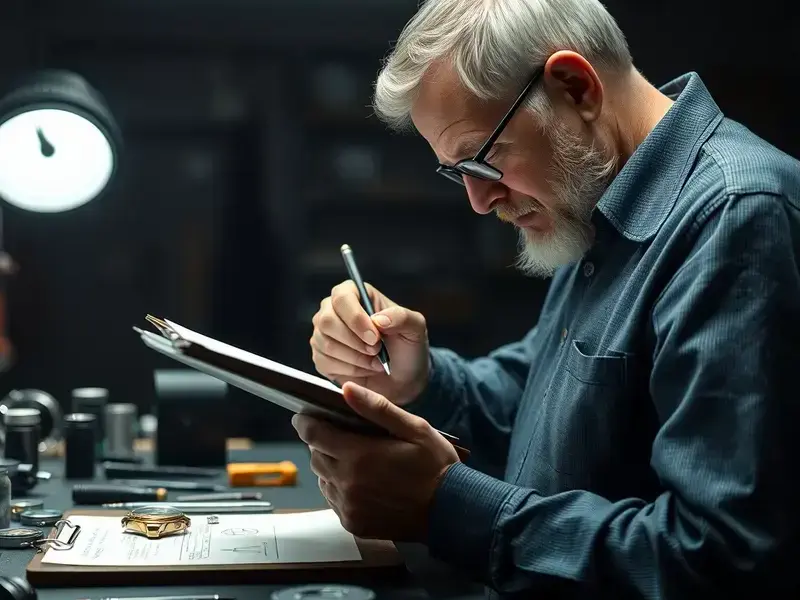 Watchmaker documenting repair details